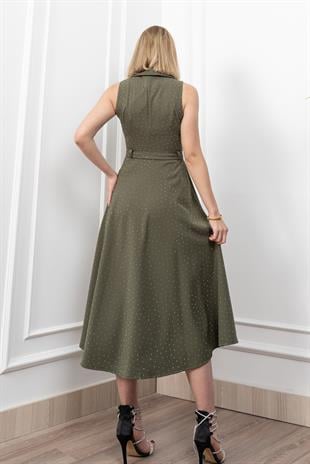 Beli Kuşaklı Yakalı Ve Taş Detaylı Uzun Elbise 50338