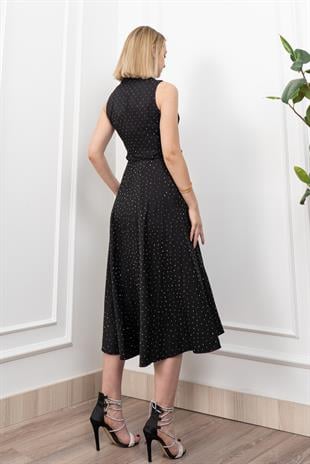 Beli Kuşaklı Yakalı Ve Taş Detaylı Uzun Elbise 50338