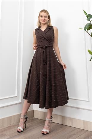 Beli Kuşaklı Yakalı Ve Taş Detaylı Uzun Elbise 50338