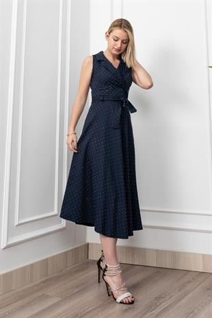 Beli Kuşaklı Yakalı Ve Taş Detaylı Uzun Elbise 50338