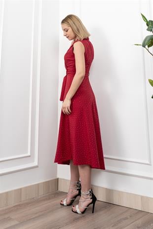 Beli Kuşaklı Yakalı Ve Taş Detaylı Uzun Elbise 50338