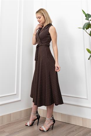 Beli Kuşaklı Yakalı Ve Taş Detaylı Uzun Elbise 50338