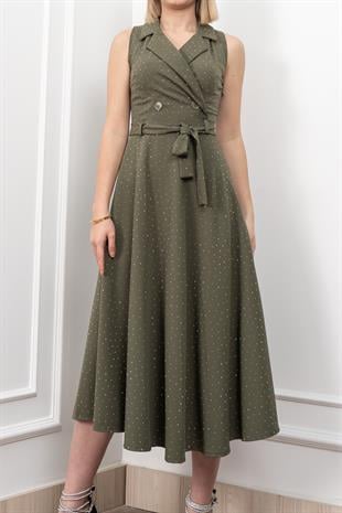 Beli Kuşaklı Yakalı Ve Taş Detaylı Uzun Elbise 50338