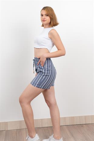 Beli Lastikli Çizgili Kısa Cepli Şort 30282