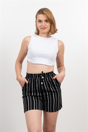 Beli Lastikli Çizgili Kısa Cepli Şort 30282