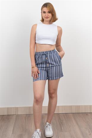 Beli Lastikli Çizgili Kısa Cepli Şort 30282