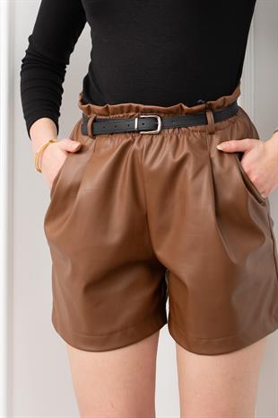 Beli Lastikli Kemerli ve Cepli Şardonlu Deri Şort 30321