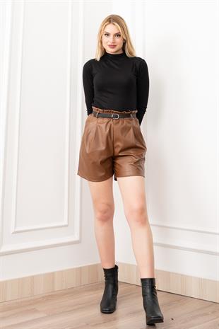 Beli Lastikli Kemerli ve Cepli Şardonlu Deri Şort 30321