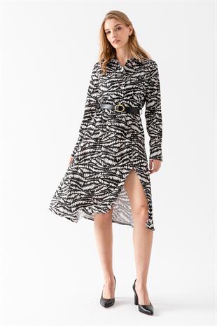 Beli Lastikli Kemerli Yırtmaçlı Elbise 50290