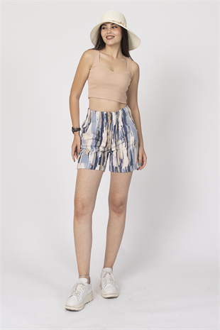 Beli Lastikli ve Düğmeli Denim Gabardin Cepli Yüksek Bel Şort 30160