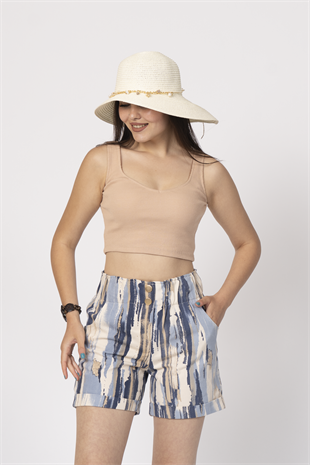 Beli Lastikli ve Düğmeli Denim Gabardin Cepli Yüksek Bel Şort 30160