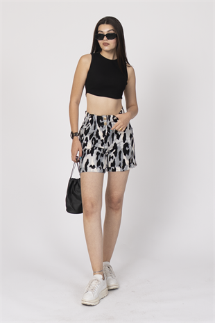 Beli Lastikli ve Düğmeli Denim Gabardin Cepli Yüksek Bel Şort 30160