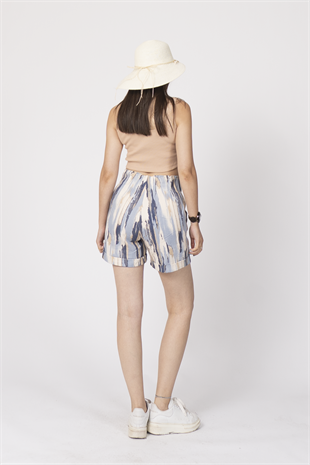 Beli Lastikli ve Düğmeli Denim Gabardin Cepli Yüksek Bel Şort 30160