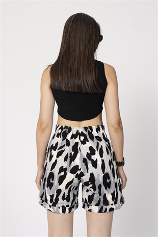 Beli Lastikli ve Düğmeli Denim Gabardin Cepli Yüksek Bel Şort 30160