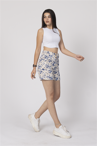 Beli Lastikli ve Düğmeli Denim Gabardin Cepli Yüksek Bel Şort 30160