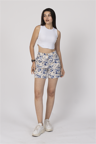 Beli Lastikli ve Düğmeli Denim Gabardin Cepli Yüksek Bel Şort 30160