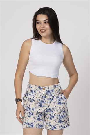 Beli Lastikli ve Düğmeli Denim Gabardin Cepli Yüksek Bel Şort 30160