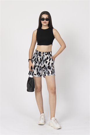 Beli Lastikli ve Düğmeli Denim Gabardin Cepli Yüksek Bel Şort 30160