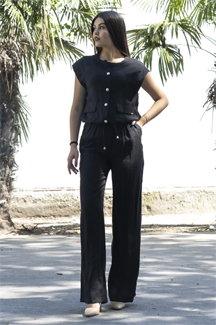 Bisiklet Yaka Bel Lastikli Yelek ve Modal Kumaş Bol Paça Pantolon Takım 1226