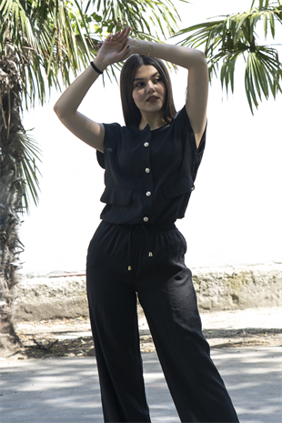 Bisiklet Yaka Bel Lastikli Yelek ve Modal Kumaş Bol Paça Pantolon Takım 1226