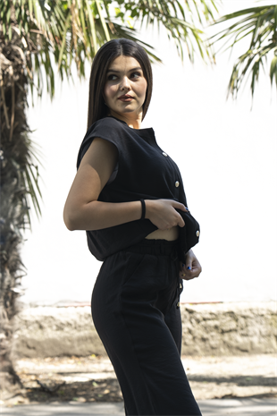 Bisiklet Yaka Bel Lastikli Yelek ve Modal Kumaş Bol Paça Pantolon Takım 1226