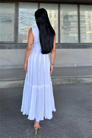 Biyeli Uzun Beyaz Keten Elbise 50321