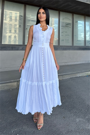 Biyeli Uzun Beyaz Keten Elbise 50321