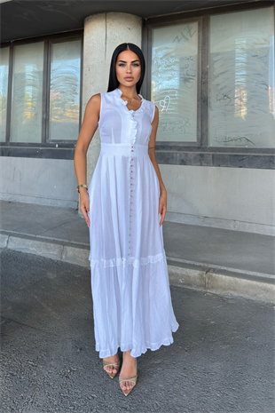 Biyeli Uzun Beyaz Keten Elbise 50321