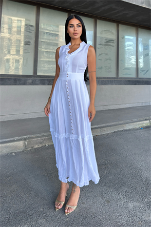 Biyeli Uzun Beyaz Keten Elbise 50321