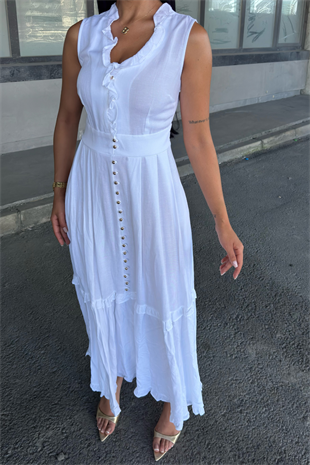 Biyeli Uzun Beyaz Keten Elbise 50321
