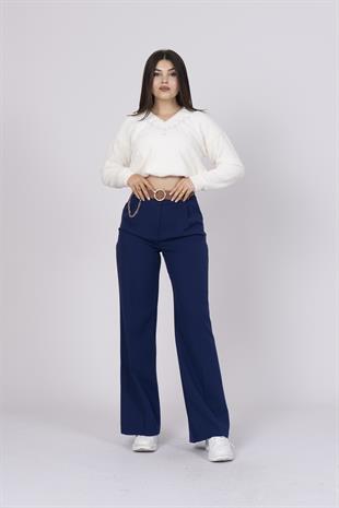 Bol Paça Cepli Kemerli ve Zincir Detaylı Atlas Kumaş Pantolon 30024