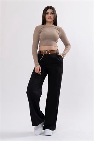 Bol Paça Cepli Kemerli ve Zincir Detaylı Atlas Kumaş Pantolon 30024