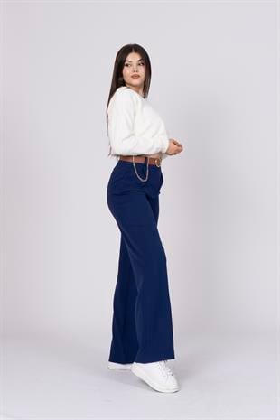 Bol Paça Cepli Kemerli ve Zincir Detaylı Atlas Kumaş Pantolon 30024