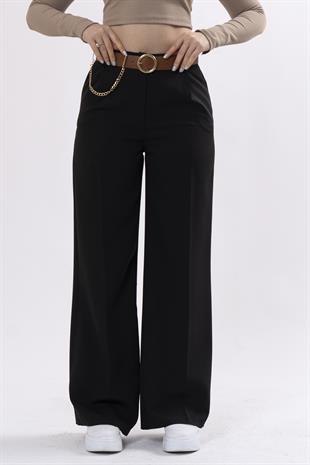 Bol Paça Cepli Kemerli ve Zincir Detaylı Atlas Kumaş Pantolon 30024