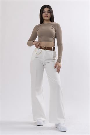 Bol Paça Cepli Kemerli ve Zincir Detaylı Atlas Kumaş Pantolon 30024