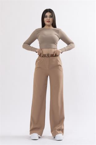 Bol Paça Cepli Kemerli ve Zincir Detaylı Atlas Kumaş Pantolon 30024