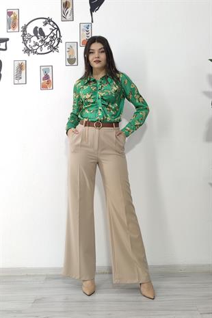 Bol Paça Cepli Kemerli ve Zincir Detaylı Atlas Kumaş Pantolon 30024