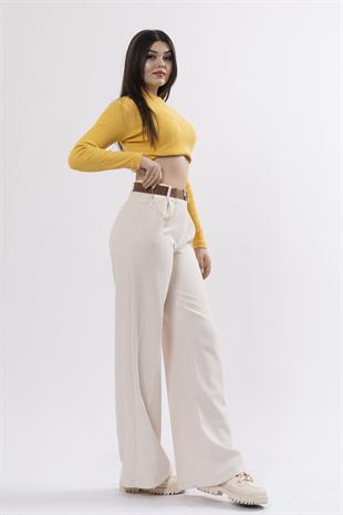 Bol Paça Cepli Kemerli ve Zincir Detaylı Atlas Kumaş Pantolon 30024