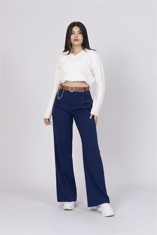 Bol Paça Cepli Kemerli ve Zincir Detaylı Atlas Kumaş Pantolon 30024
