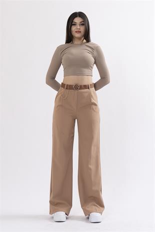 Bol Paça Cepli Kemerli ve Zincir Detaylı Atlas Kumaş Pantolon 30024