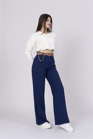 Bol Paça Cepli Kemerli ve Zincir Detaylı Atlas Kumaş Pantolon 30024