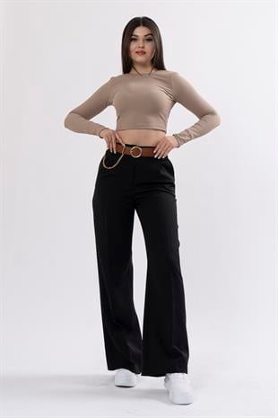 Bol Paça Cepli Kemerli ve Zincir Detaylı Atlas Kumaş Pantolon 30024