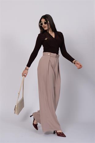 Bol Paça Süs Düğme Detaylı Kumaş Pantolon 30237