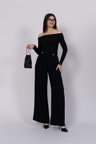 Bol Paça Süs Düğme Detaylı Kumaş Pantolon 30237