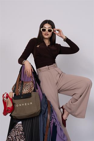 Bol Paça Süs Düğme Detaylı Kumaş Pantolon 30237