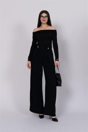 Bol Paça Süs Düğme Detaylı Kumaş Pantolon 30237