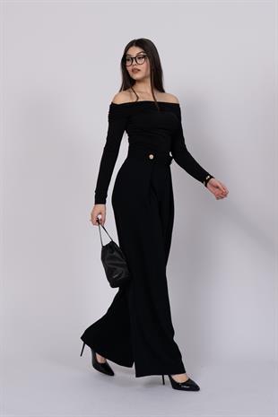 Bol Paça Süs Düğme Detaylı Kumaş Pantolon 30237