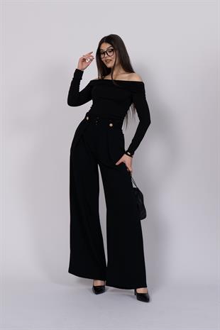 Bol Paça Süs Düğme Detaylı Kumaş Pantolon 30237