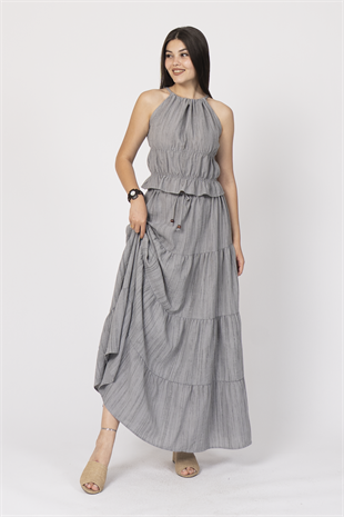 Boyundan Bağlamalı Beli Gipeli Bluz ve Beli Bağlamalı Uzun Etek 1230