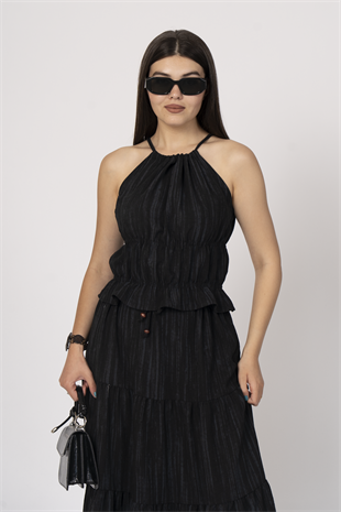 Boyundan Bağlamalı Beli Gipeli Bluz ve Beli Bağlamalı Uzun Etek 1230